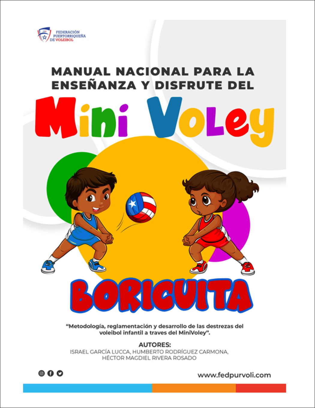 Book cover of 'Manual Nacional para la Enseñanza y Disfrute del Mini Voley Boricuita' with cartoon characters playing volleyball.
