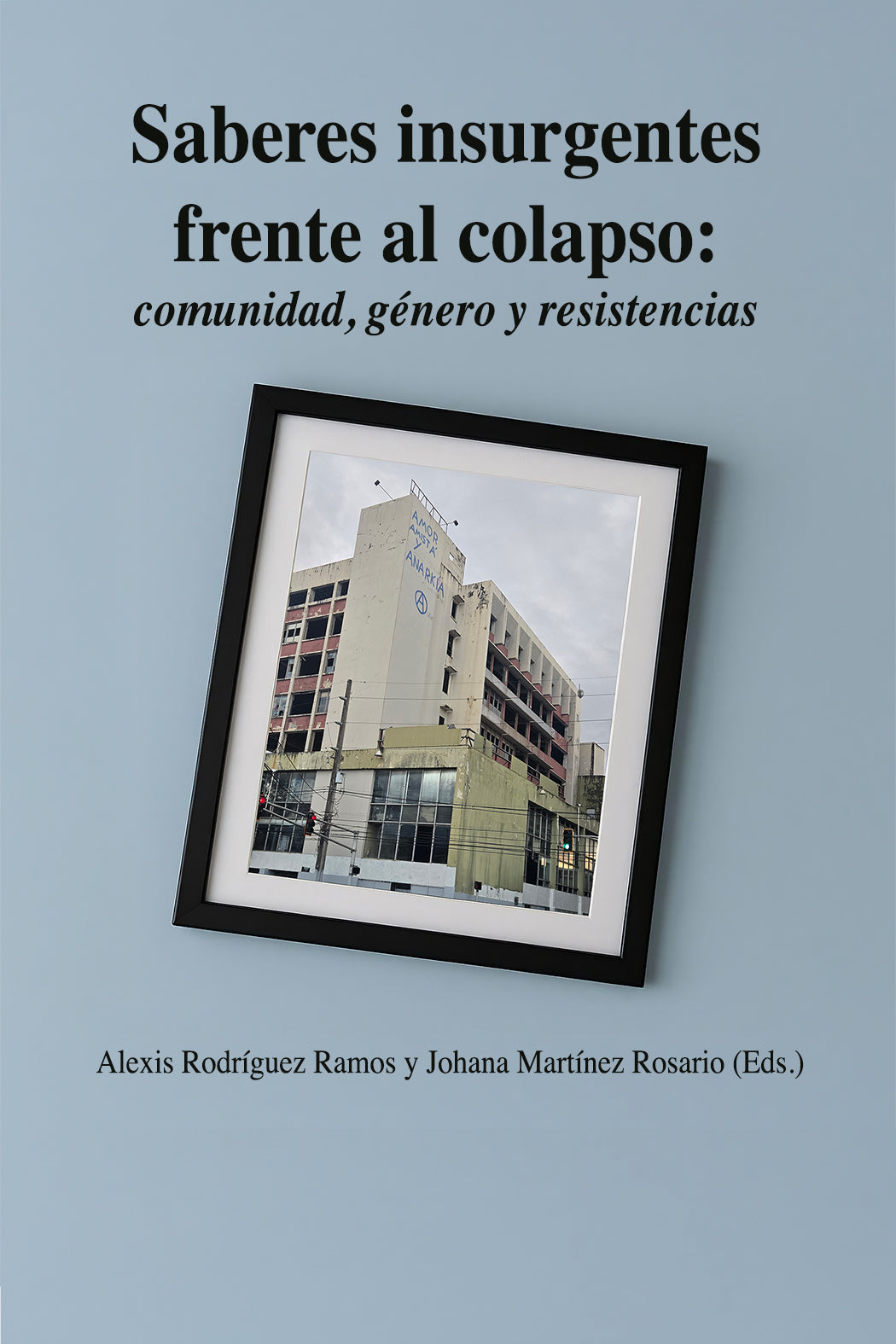 Book cover with a framed picture of a building on a light blue background