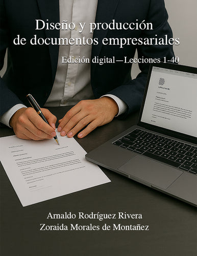 Person signing a document with a laptop on a dark surface, educational book cover.